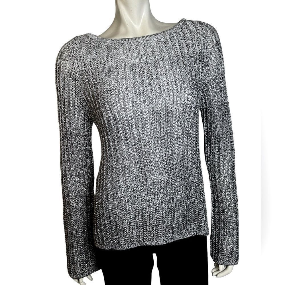 White House Black Market NWOT L/S Ombré Silver Sequined Sweater Size Medium